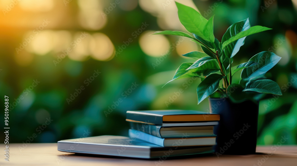 A stack of books and a potted plant sit on a table. The books are arranged in a way that they are leaning on each other, and the potted plant is placed in the middle of the stack A stack of books and a potted plant sit on a table. The books are arranged in a way that they are leaning on each other, and the potted plant is placed in the middle of the stack