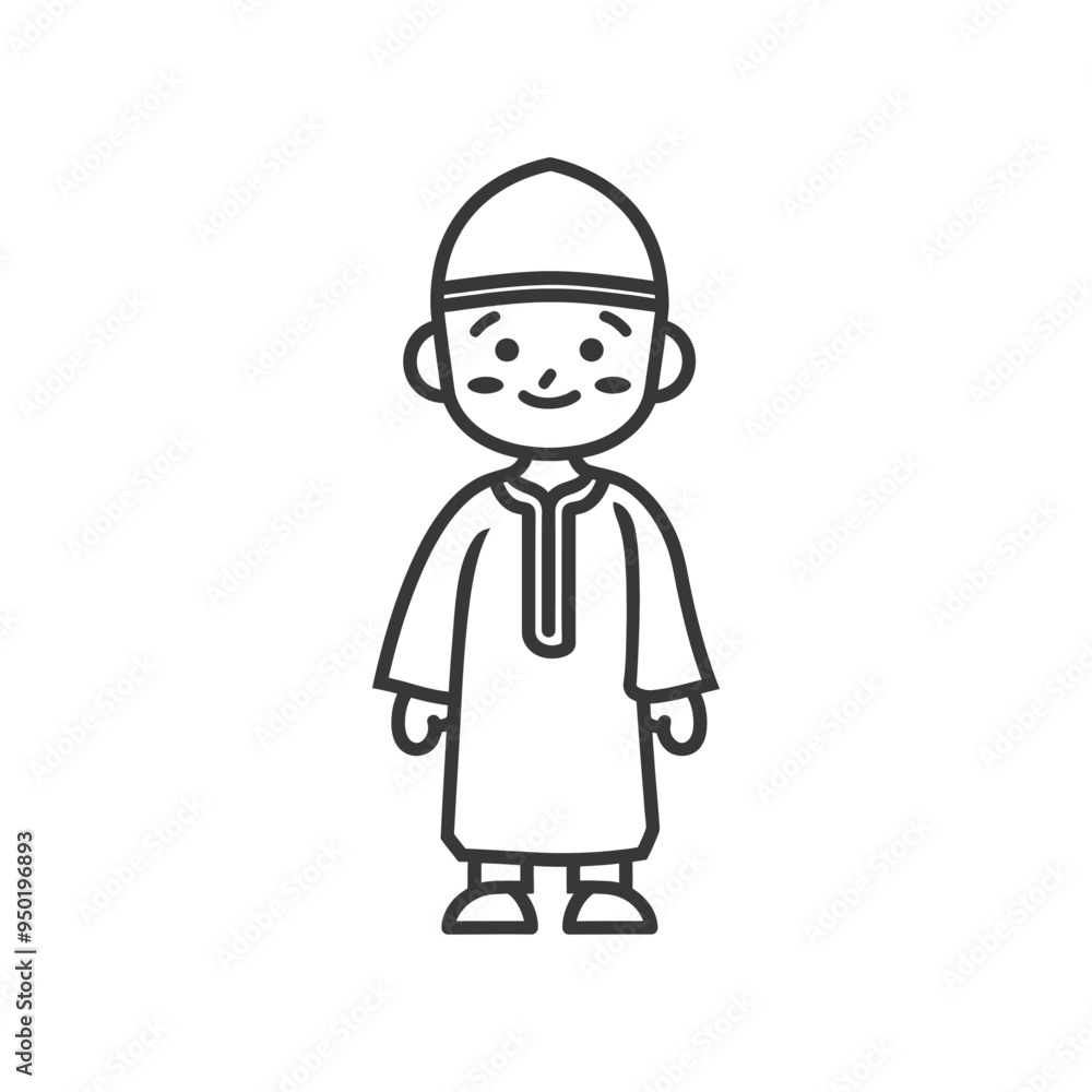 Line drawing of a young boy wearing traditional Islamic clothing Line drawing of a young boy wearing traditional Islamic clothing