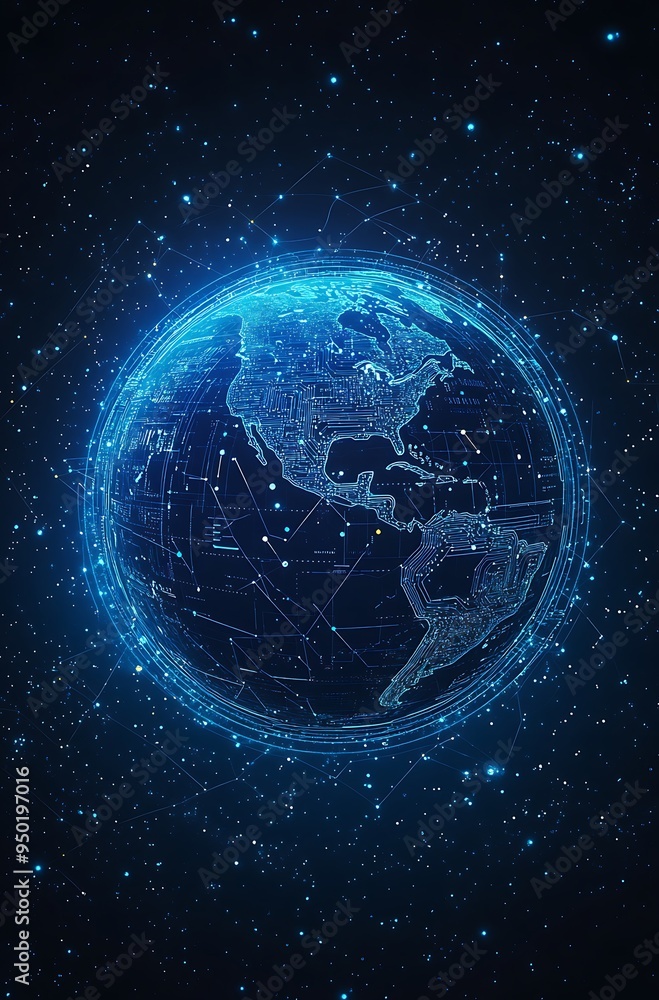 A digital rendering of the Earth with glowing lines and a starry background. A digital rendering of the Earth with glowing lines and a starry background.