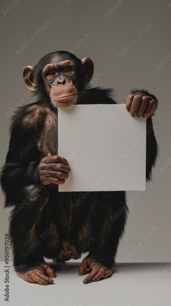 Chimpanzee holding blank square board with both hands Chimpanzee holding blank square board with both hands