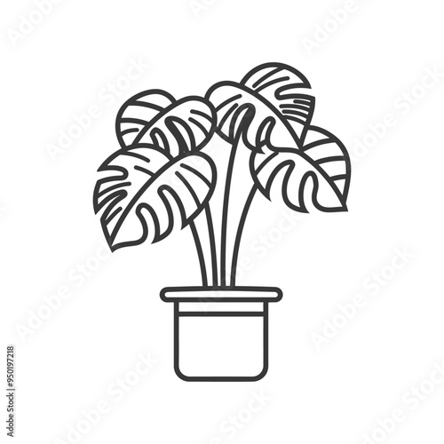 Line Drawing of Monstera Plant in a Pot