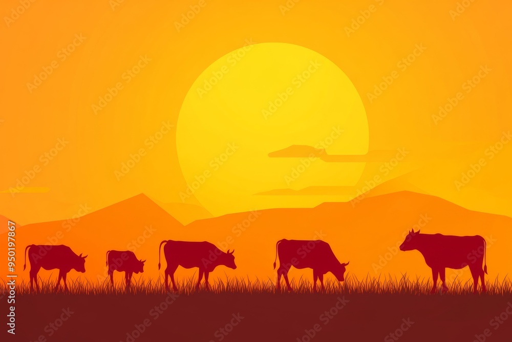 A group of cows are grazing in a field with a large orange sun in the background. The cows are in various positions, with some closer to the foreground and others further back A group of cows are grazing in a field with a large orange sun in the background. The cows are in various positions, with some closer to the foreground and others further back