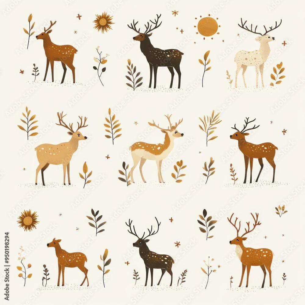 A decorative pattern featuring various deer and foliage in soft colors. A decorative pattern featuring various deer and foliage in soft colors.