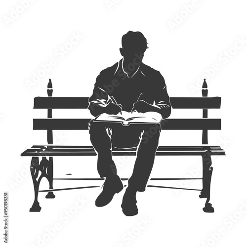 Silhouette of a person writing in a notebook while sitting on a bench