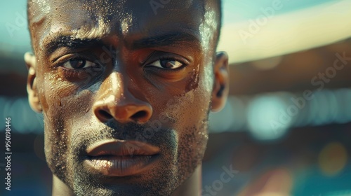 Focused male athlete preparing to compete at the start of a sporting event in a stadium