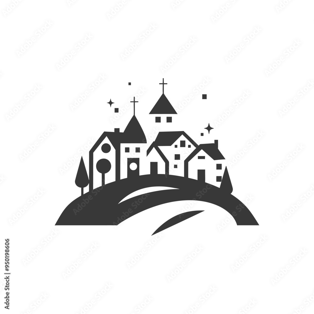 Silhouette of a small town with a church on a hill Silhouette of a small town with a church on a hill