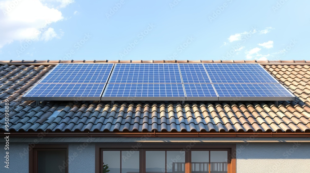Close-up view of solar panels on a residential roof during daylight hours in a suburban setting Close-up view of solar panels on a residential roof during daylight hours in a suburban setting