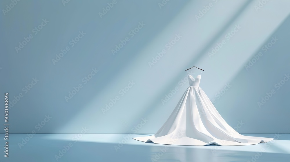 A pristine white wedding dress hangs in a room with a blue wall A pristine white wedding dress hangs in a room with a blue wall