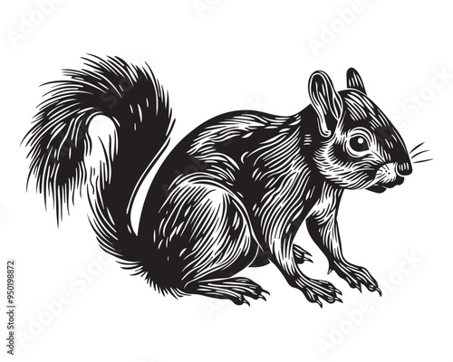 Detailed vintage squirrel illustration in black and white engraving style hand-drawn