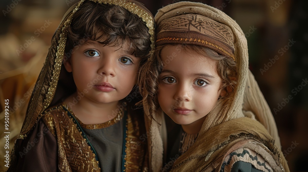 Children dressed as Mary and Joseph in a Nativity scene during a festive celebration Children dressed as Mary and Joseph in a Nativity scene during a festive celebration