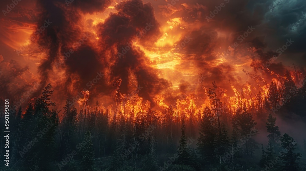 Sunset forest fire consumes trees in smoke and flames, showcasing nature's fierce power Sunset forest fire consumes trees in smoke and flames, showcasing nature's fierce power
