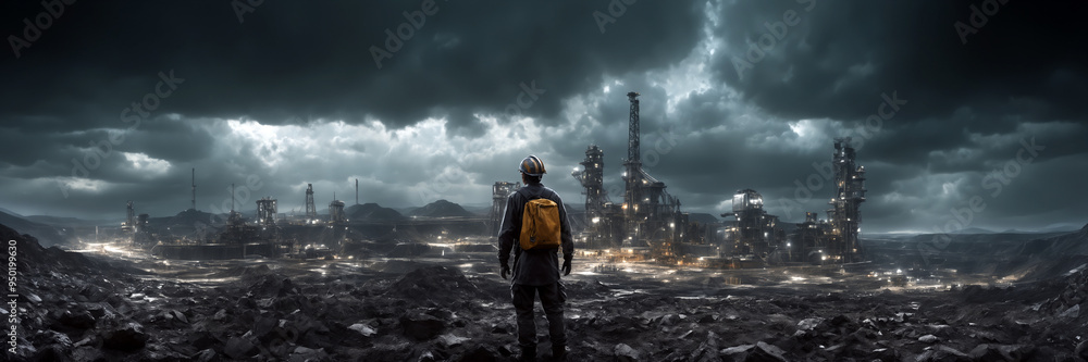 A miner standing on a slope looking at the devastated land where natural resources are extracted by the mining industry from a vast open-pit mine. Heavy machinery in the background A miner standing on a slope looking at the devastated land where natural resources are extracted by the mining industry from a vast open-pit mine. Heavy machinery in the background