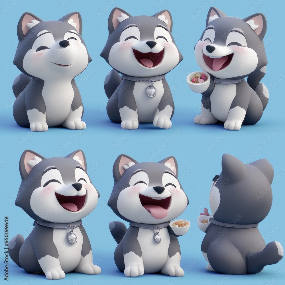 A cute animated husky character in various playful poses, showcasing joy and friendliness. A cute animated husky character in various playful poses, showcasing joy and friendliness.