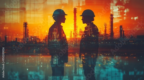 Wallpaper Mural Industrial Strength: Two silhouetted figures,  industrial engineers, stand against a backdrop of a burning refinery, conveying the power and resilience of the industry.   Torontodigital.ca