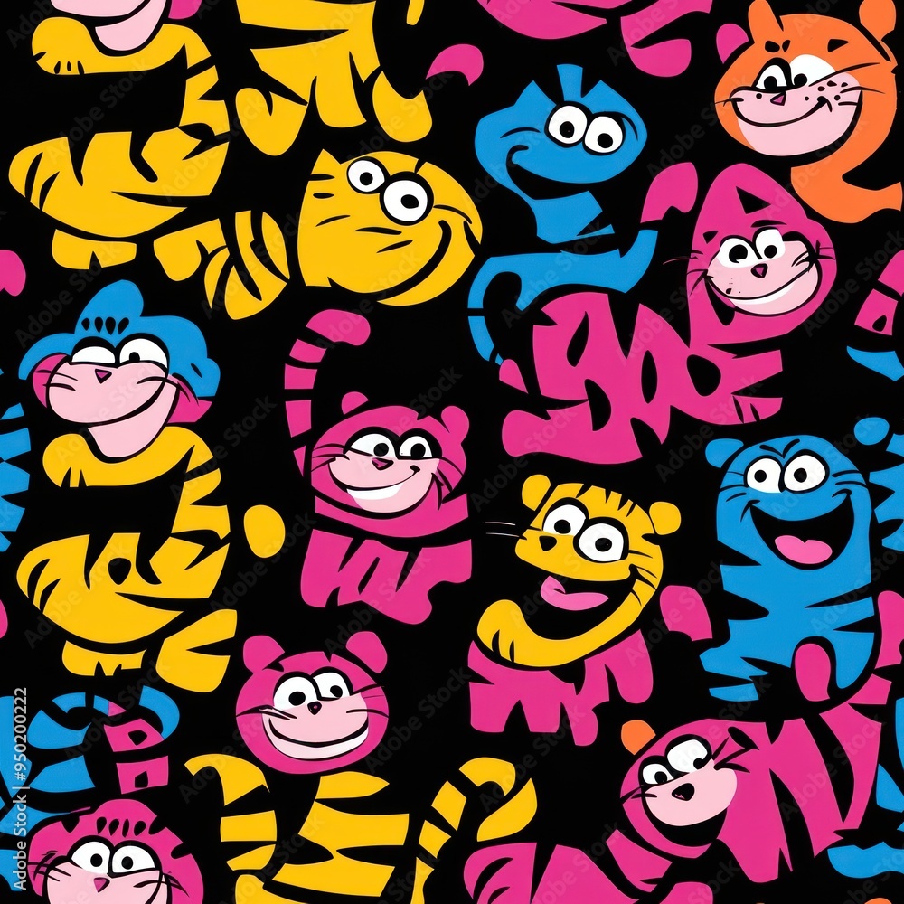 A colorful pattern featuring cartoonish tiger characters in various colors on a black background. A colorful pattern featuring cartoonish tiger characters in various colors on a black background.