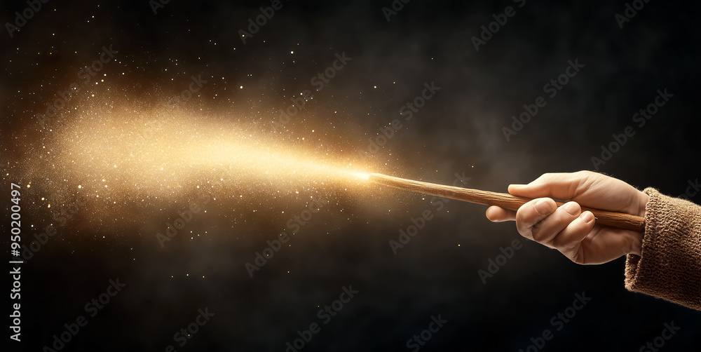 Fototapeta premium A hand holding a wooden wand, emitting glowing golden magic against a dark background