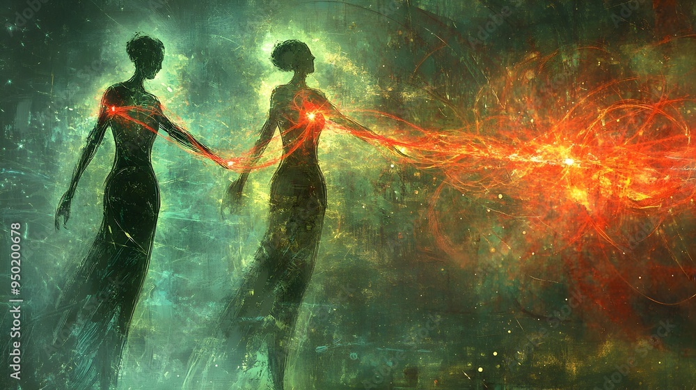 Fototapeta premium Ethereal Figures Intertwined by Glowing Quantum String of Fate in Surreal Energy Field