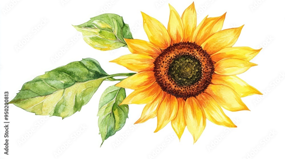 Naklejka premium Sunflower illustration with watercolor foliage and flowers, set on a white background,