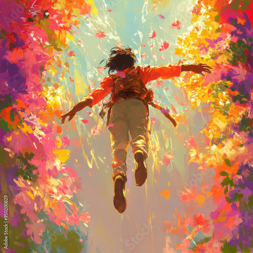A person is flying through a field of flowers. The painting is full of bright colors and has a sense of freedom and joy