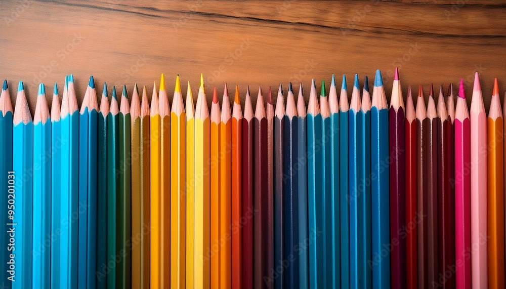 Colorful pencils lined up side by side on the wooden table Colorful pencils lined up side by side on the wooden table