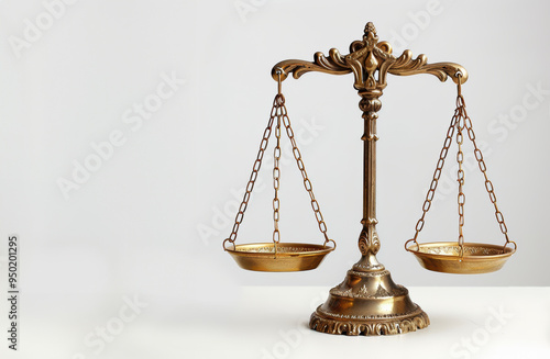 A gold scale with two chains hanging from it. The scale is balanced and he is a symbol of justice