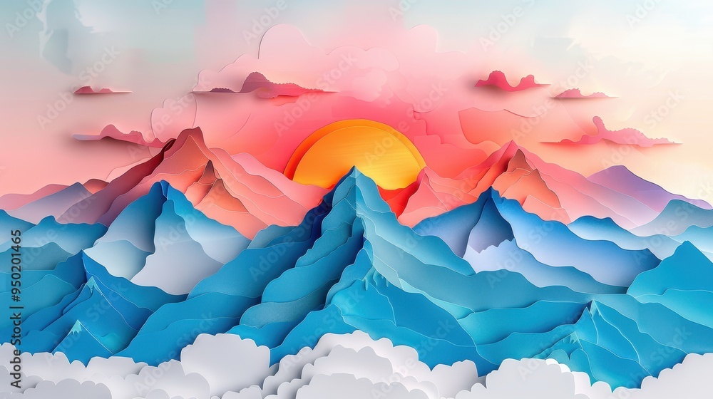 Trendy art paper collage of colorful mountain landscape with sunset and clouds in the background Trendy art paper collage of colorful mountain landscape with sunset and clouds in the background