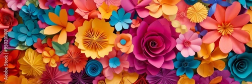 A colorful and mesmerizing backdrop featuring a close-up of various paper flowers, symbolizing creativity, artistry, beauty, nature, and celebration.