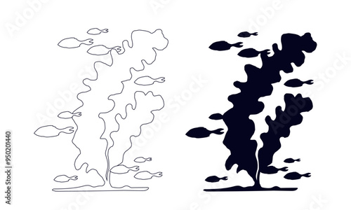 Line sketch, outline, silhouette of seaweed and a school of fish. Vector graphics.