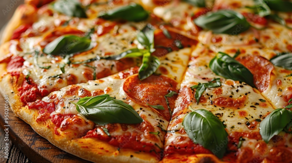 Freshly baked pizza close-up with melted mozzarella, tomato sauce, and basil leaves Freshly baked pizza close-up with melted mozzarella, tomato sauce, and basil leaves