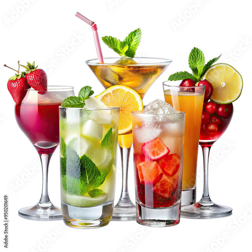Six different cocktails with fresh fruit garnishes and ice are arranged in a row on a white background