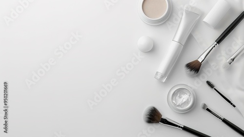 Makeup related items on a white background, makeup brushes