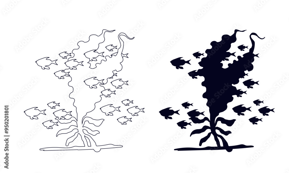 Line sketch, outline, silhouette of seaweed and a school of fish. Vector graphics. Line sketch, outline, silhouette of seaweed and a school of fish. Vector graphics.