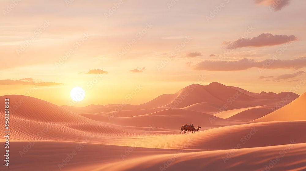 Fototapeta premium Desert sunset towering sand dunes lone oasis camel caravan warm golden hour lighting soft diffused edges realistic 3D sand dunes