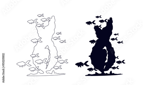 Line sketch, outline, silhouette of seaweed and a school of fish. Vector graphics.