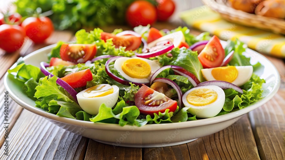Fresh and colorful tomato, lettuce, onion, and boiled egg salad with a shallow depth of field, appetizing, green, healthy, recipe, protein, meal, blurred background, colorful, eggs Fresh and colorful tomato, lettuce, onion, and boiled egg salad with a shallow depth of field, appetizing, green, healthy, recipe, protein, meal, blurred background, colorful, eggs