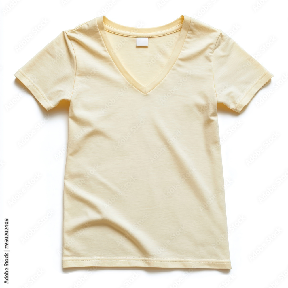 A woman is wearing a yellow shirt with a v-neck. The shirt is white and the woman's skin tone is light A woman is wearing a yellow shirt with a v-neck. The shirt is white and the woman's skin tone is light