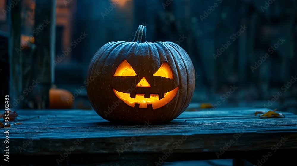 One spooky halloween pumpkin, Jack O Lantern, with an evil face and eyes on a wooden board, table with a night background One spooky halloween pumpkin, Jack O Lantern, with an evil face and eyes on a wooden board, table with a night background
