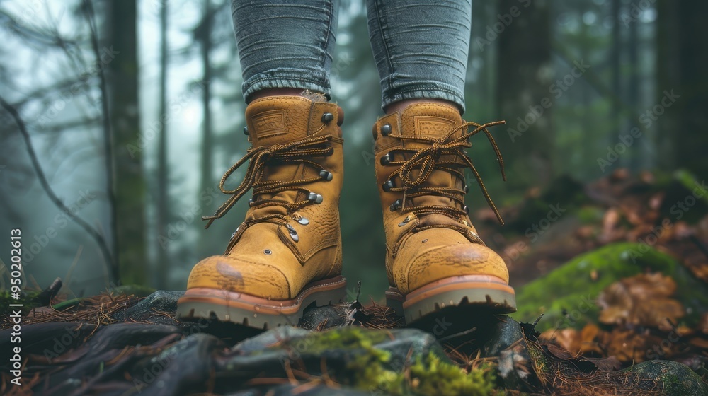 Adventure hiker's boots on a moss-covered trail in a dense forest during a misty expedition Adventure hiker's boots on a moss-covered trail in a dense forest during a misty expedition
