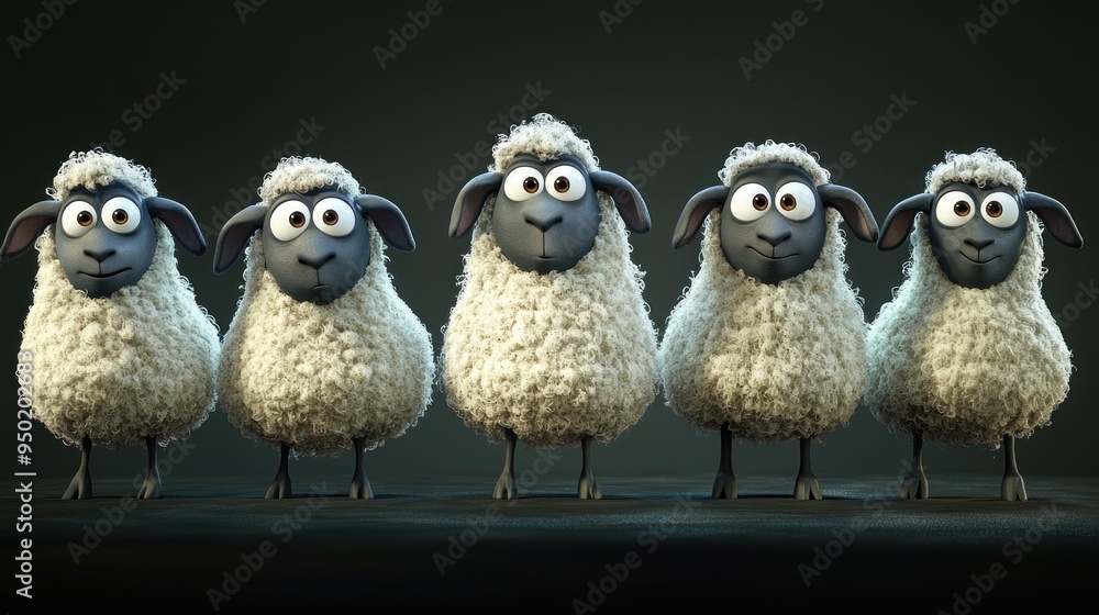 Fototapeta premium Five cartoon sheep with expressive faces arranged in a row against a dark background.