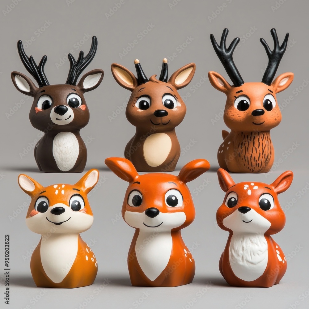 A collection of cute, stylized deer figurines in various colors and expressions. A collection of cute, stylized deer figurines in various colors and expressions.