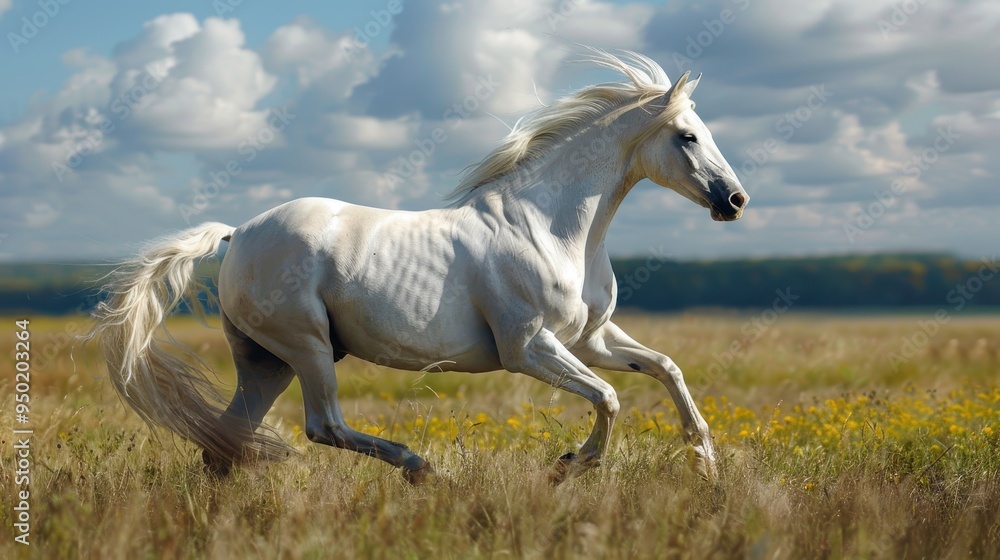 A white stallion gallops freely across a lush green pasture under a bright blue sky A white stallion gallops freely across a lush green pasture under a bright blue sky