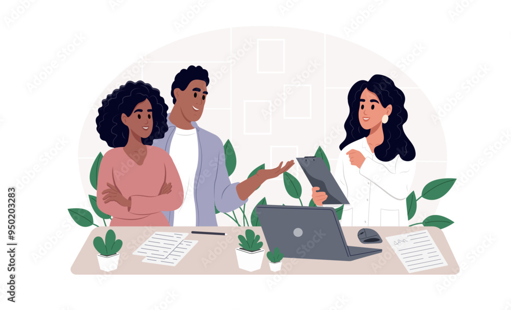 Young couple at a doctor's appointment. Patients discuss examination results. Vector illustration in flat style Young couple at a doctor's appointment. Patients discuss examination results. Vector illustration in flat style