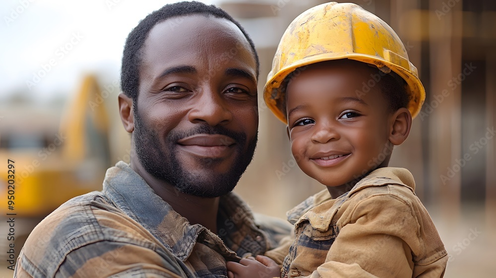 A father joyfully watching over his son at a construction site, with the backdrop of unfinished structures and equipment. A father joyfully watching over his son at a construction site, with the backdrop of unfinished structures and equipment.