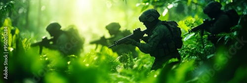 A squad of heavily equipped special forces soldiers advance through dense jungle foliage, their silhouettes barely visible. The image symbolizes teamwork, stealth, and the challenges of combat in a h