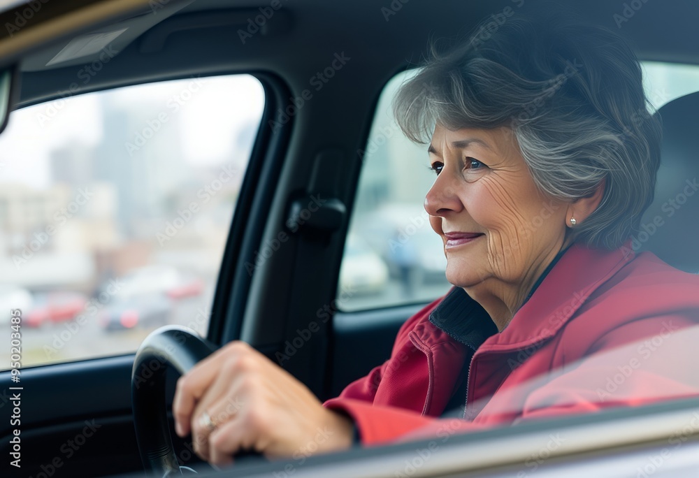 Older woman with short gray hair wearing a red jacket her hands Older woman with short gray hair wearing a red jacket her hands
