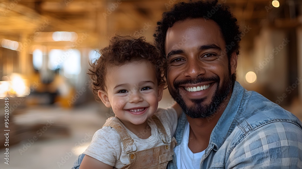 A father happily holding his son on a construction site, with the worksite visible in the background. A father happily holding his son on a construction site, with the worksite visible in the background.