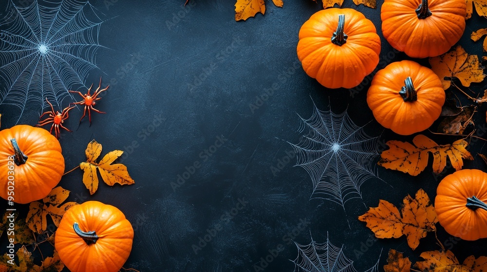 Happy halloween flat lay mockup with pumpkins and spider web on black background. Autumn holiday concept composition. Top view with copy space. Happy halloween flat lay mockup with pumpkins and spider web on black background. Autumn holiday concept composition. Top view with copy space.