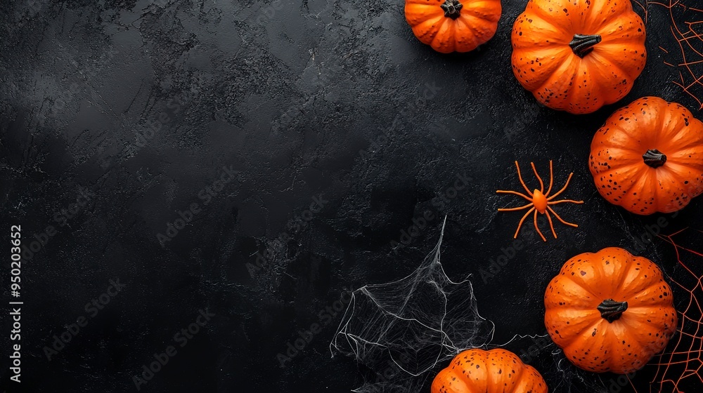 Happy halloween flat lay mockup with pumpkins and spider web on black background. Autumn holiday concept composition. Top view with copy space. Happy halloween flat lay mockup with pumpkins and spider web on black background. Autumn holiday concept composition. Top view with copy space.