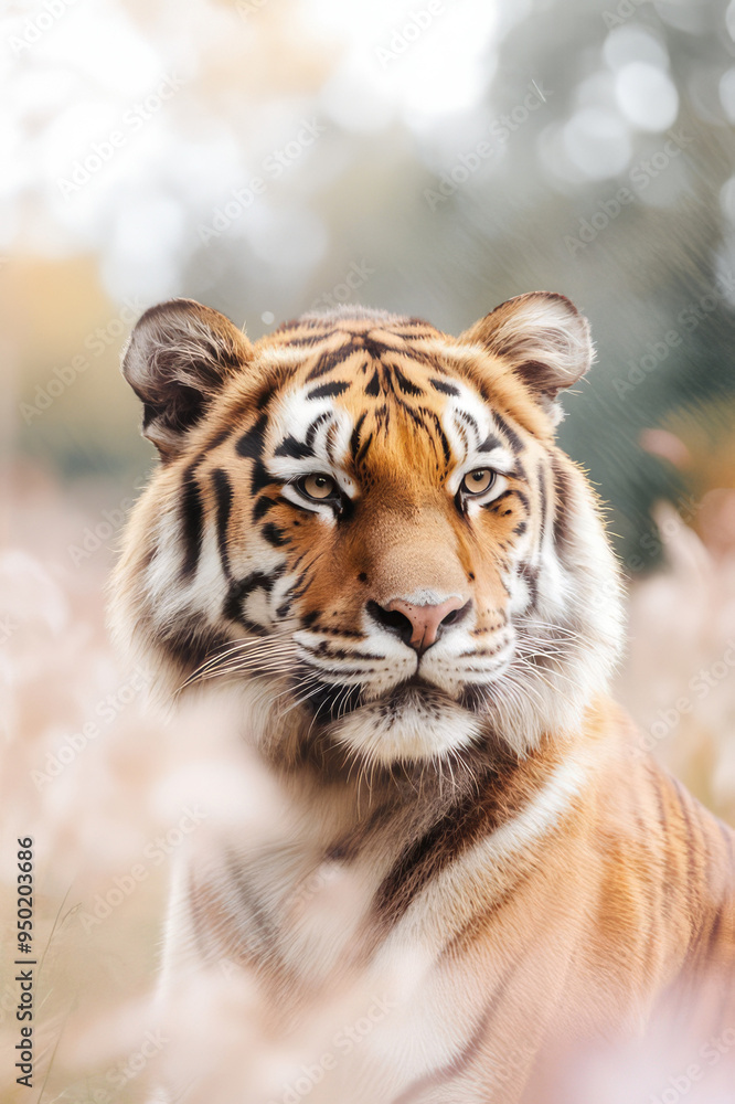 Obraz premium A captivating portrait of a majestic tiger resting in the wild with a serene expression, showcasing its magnificent striped fur and piercing eyes in natural surroundings.