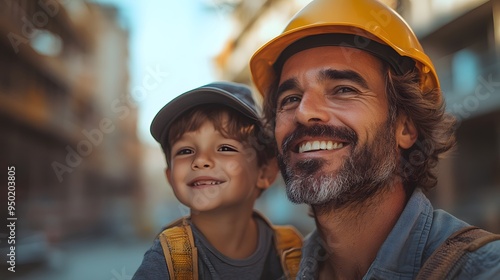 Father and son having a fun moment on a construction site, with the father showing his son the work being done.